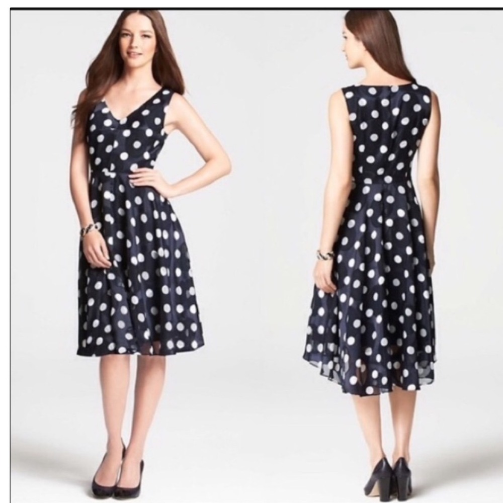 Ann Taylor Navy with White Polka Dot Sleeveless Midi Dress
